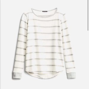 White and Gray Striped Fleece Top with Buttons